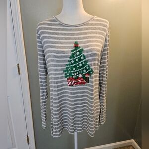 Joyland Gray and White Striped Christmas Tree Shirt Women's Size Medium M Soft